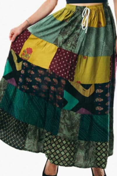 Boho Patchwork Rayon Maxi Skirt – Green