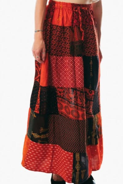 Boho Patchwork Rayon Maxi Skirt – Red