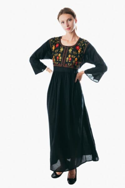 Long Cotton-Linene Kaftan Dress with Pockets – Black